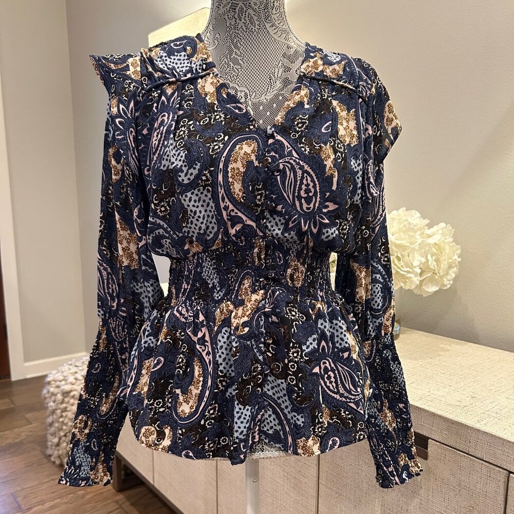 Walter Baker Blue Ruffled Paisley Print Long Sleeve Blouse